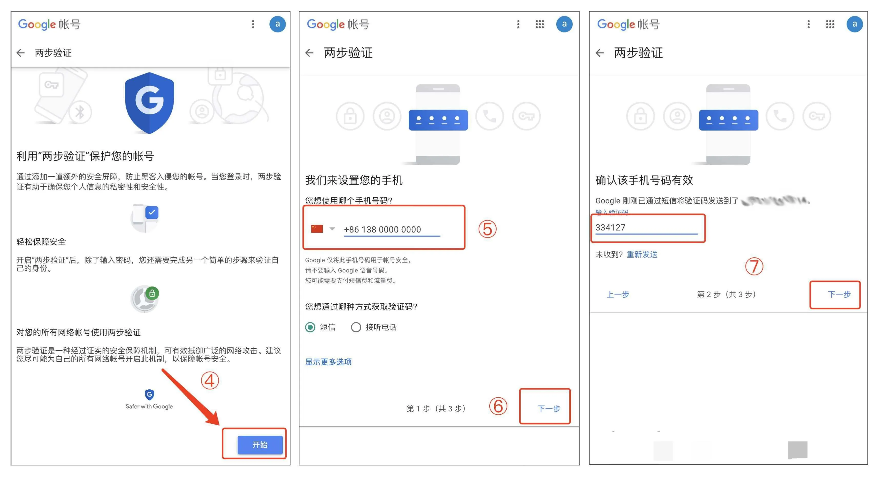 Google 两步验证开启步骤 4-7：点击开始，填写手机号码并选择短信验证方式，输入短信收到的 6 位验证码完成确认